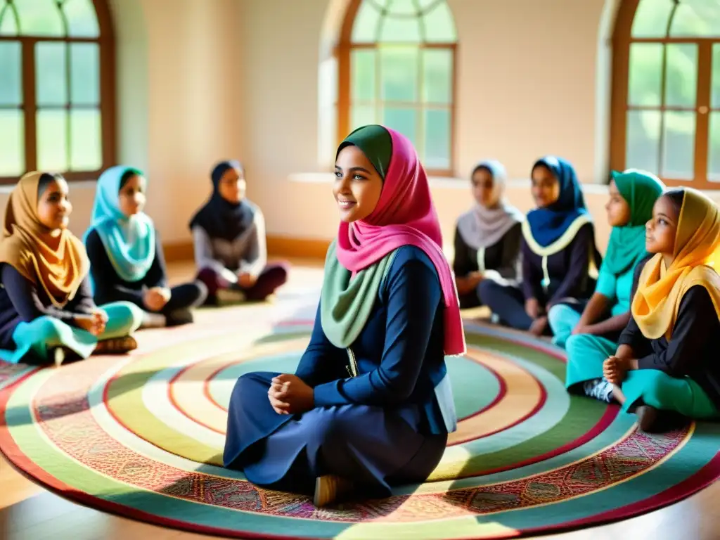 Grupo de niñas musulmanas participando en una animada discusión con su maestra en un aula llena de luz natural y decorada con motivos islámicos, promoviendo la educación femenina en el islam