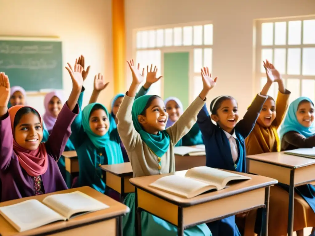 Grupo de niñas musulmanas participando entusiastas en la educación en un aula, creando un ambiente vibrante y acogedor