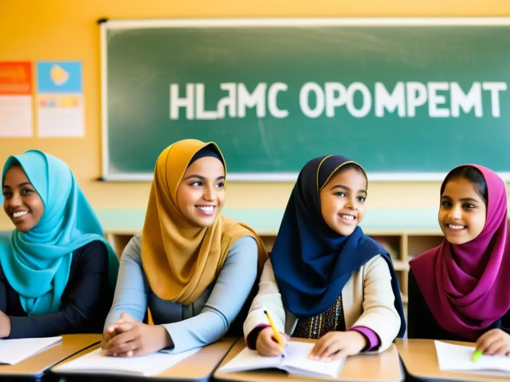 Grupo de niñas musulmanas participan entusiastas en una clase, reflejando la educación femenina en el islam