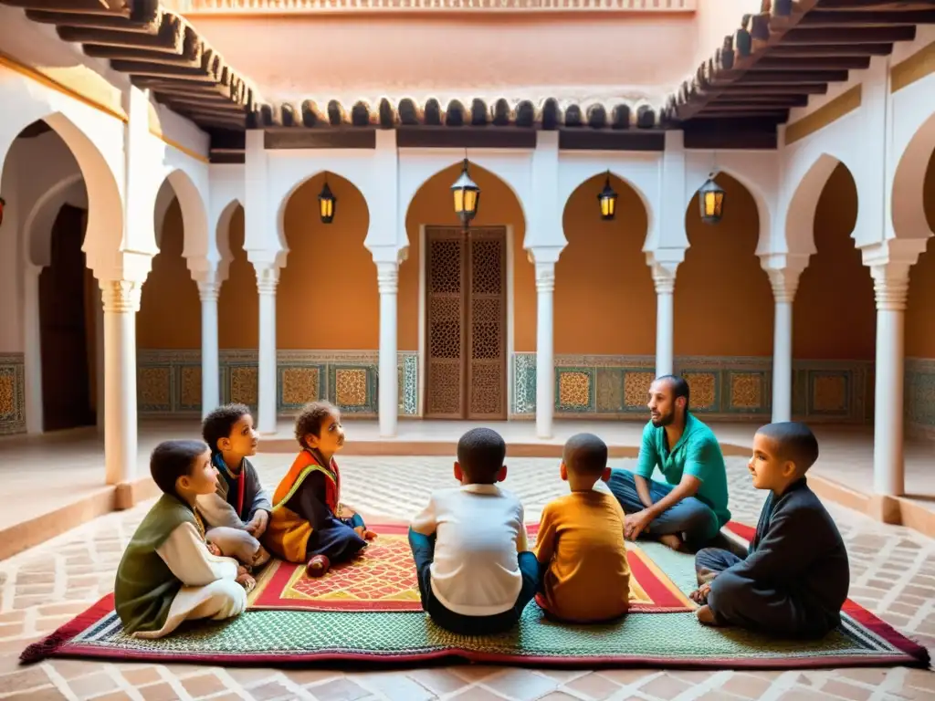 Grupo de niños escuchando con asombro a un cuentacuentos en un patio marroquí, reflejando la tradición de cuentos didácticos en el mundo islámico