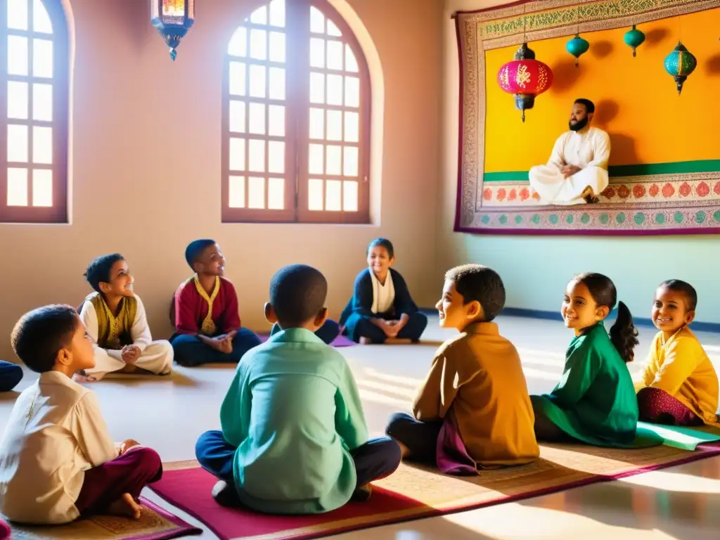 Grupo de niños atentos escuchando cuentos del Islam en aula multicultural iluminada por el sol