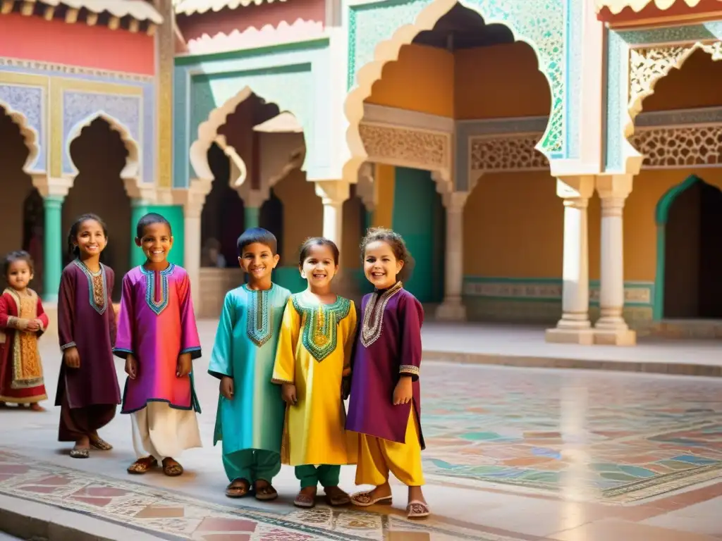 Un grupo de niños vistiendo coloridos trajes tradicionales islámicos, jugando y riendo en un patio soleado con mosaicos