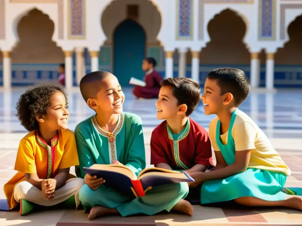 Un grupo de niños de diversas culturas escucha atentamente a un narrador en un hermoso y vibrante patio de mezquita