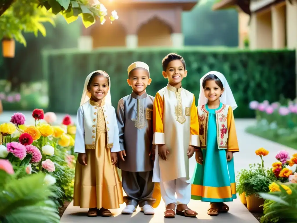 Grupo de niños con ropa islámica colorida y elegante, disfrutando de un entorno bellamente decorado con flores y vegetación exuberante