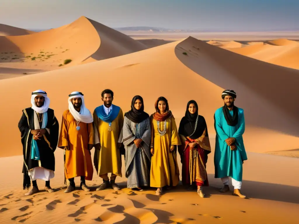 Grupo de nómadas beduinos con vibrantes vestimentas tradicionales en el desierto del Sahara al atardecer, mostrando su adaptación cultural única