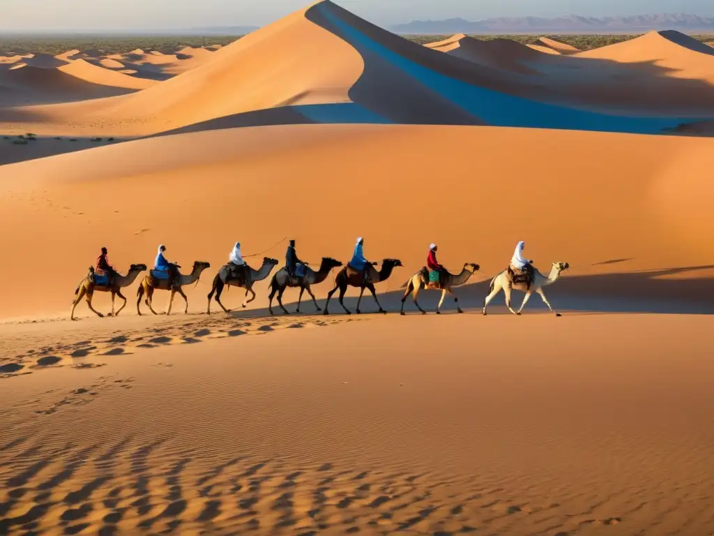 Grupo de herders nómadas guían camellos por un desierto dorado al atardecer, destacando los Beneficios de la leche de camella en la cultura islámica