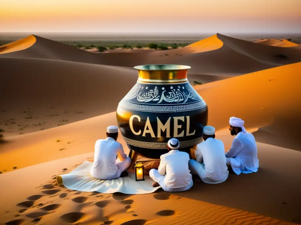 Un grupo de nómadas islámicos disfruta de los beneficios de la leche de camella en el desierto al atardecer