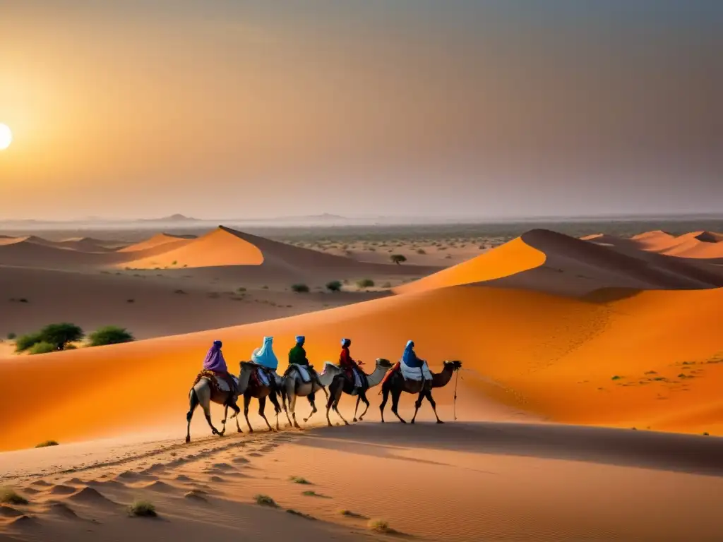 Un grupo de pastores nómadas con sus camellos atraviesa el desierto dorado de Darfur, mostrando la vida tradicional en la región