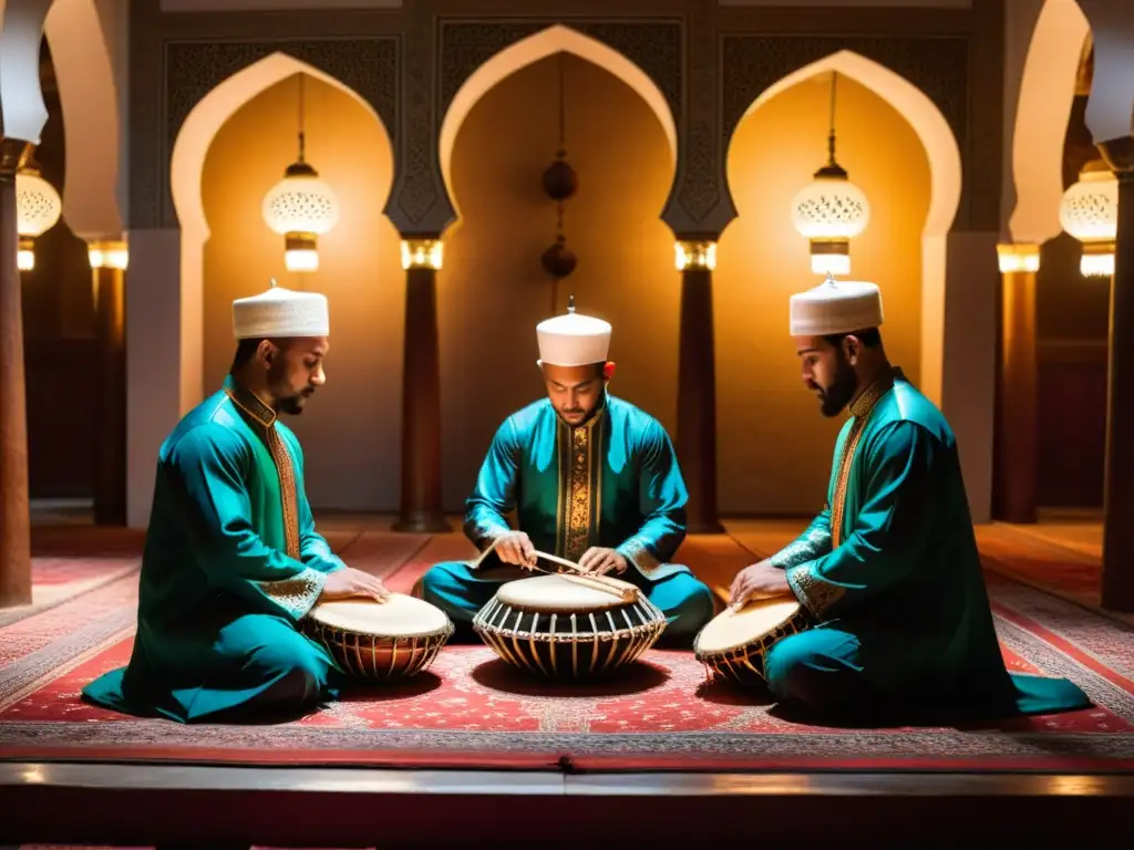 Un grupo de percusionistas altamente calificados tocando instrumentos tradicionales en una mezquita ricamente decorada