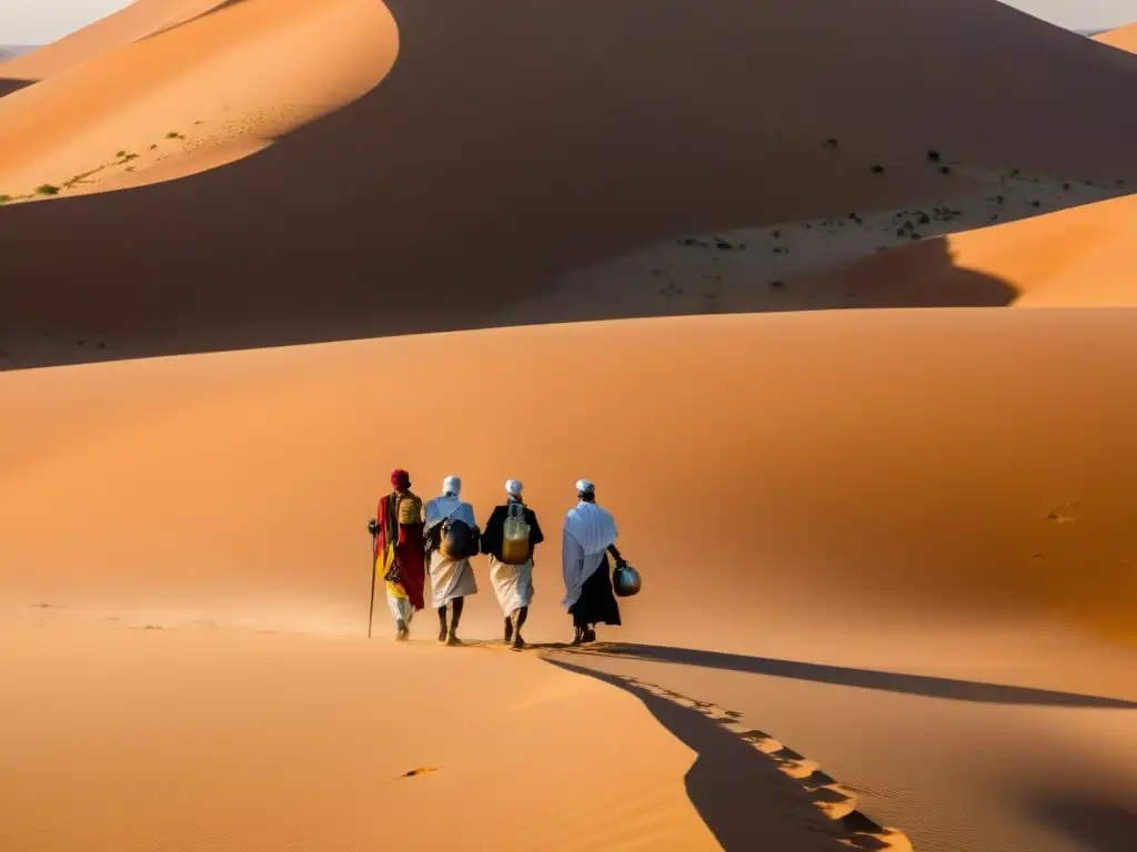 Grupo de peregrinos caminando en el desierto africano al atardecer, con la palabra clave 'Rutas de peregrinación en África'