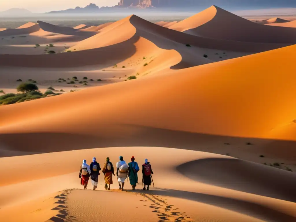 Un grupo de peregrinos atraviesa el desierto del Sahara al atardecer, con una atmósfera cálida y espiritual