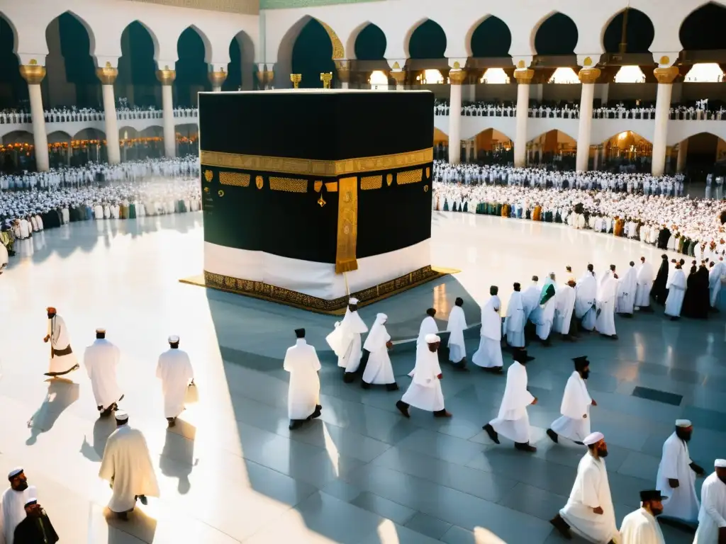 Grupo de peregrinos en ihram blanco circundando la Kaaba en la Gran Mezquita de La Meca, viviendo una experiencia transformadora de peregrinación Hajj