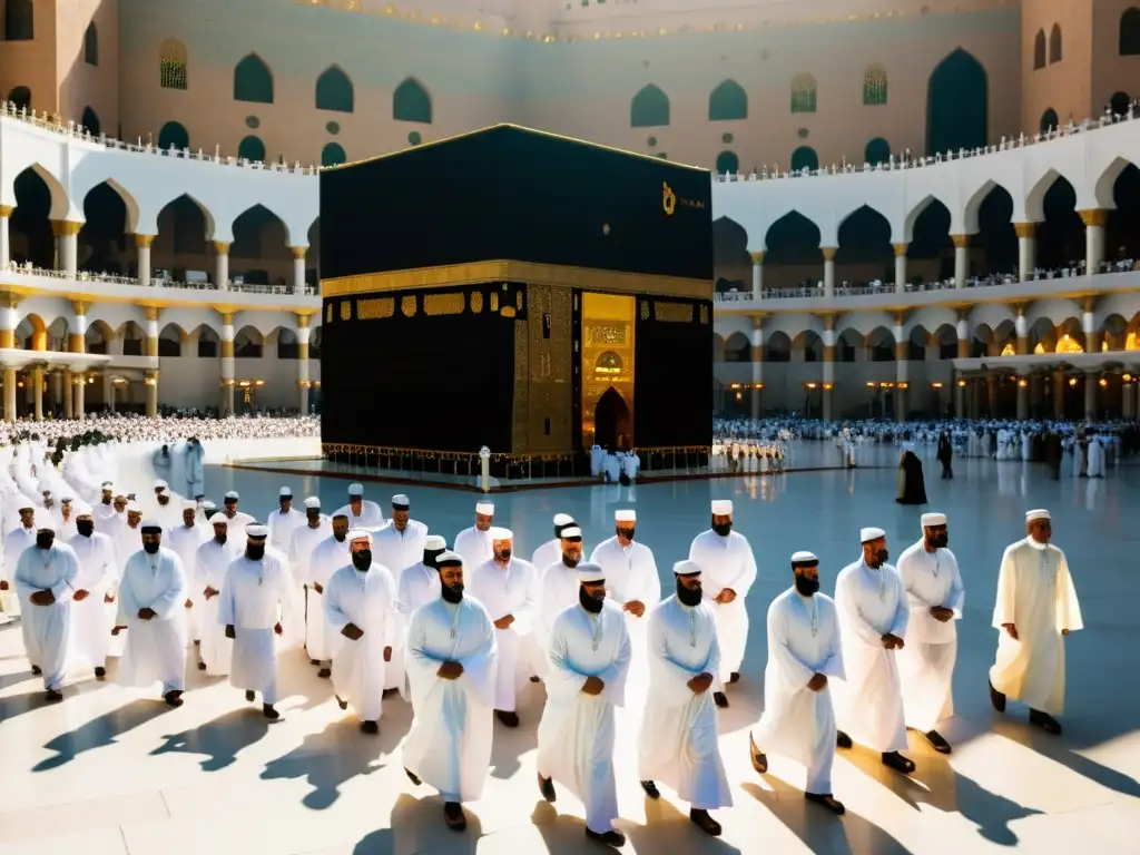 Grupo de peregrinos en ihram blanco caminando hacia la Kaaba en Meca al amanecer, transmitiendo la experiencia transformadora del Hajj