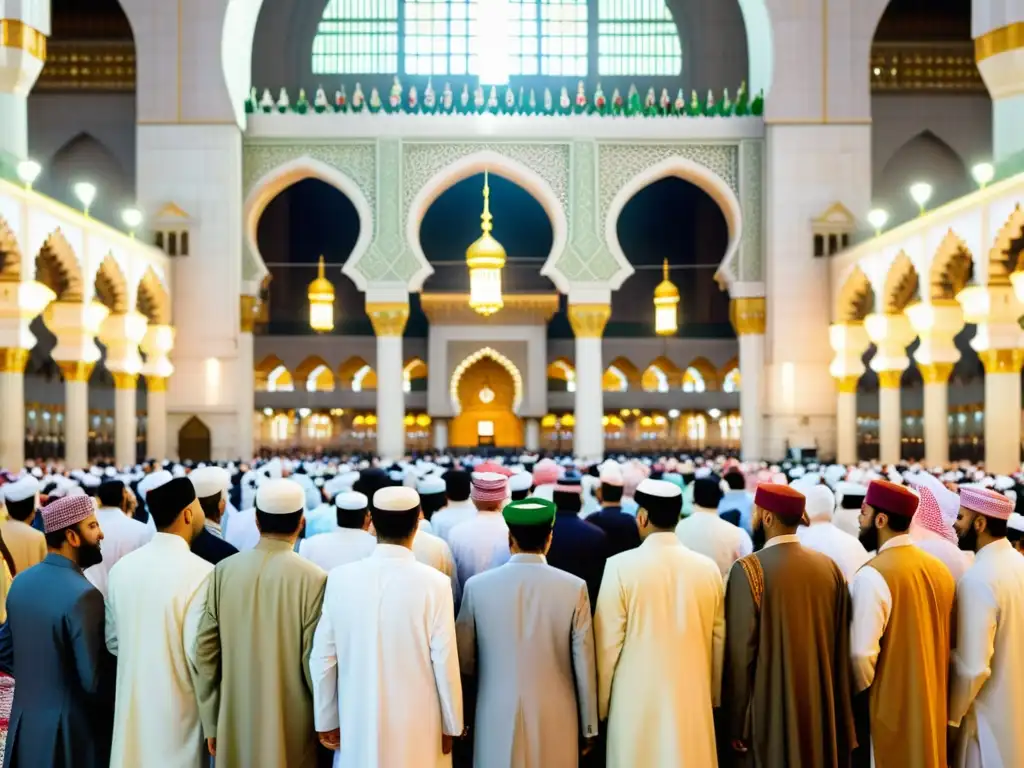 Grupo de peregrinos musulmanes en la Mezquita al-Haram de La Meca, con vestimenta apropiada en lugares sagrados islámicos, evocando respeto y fe