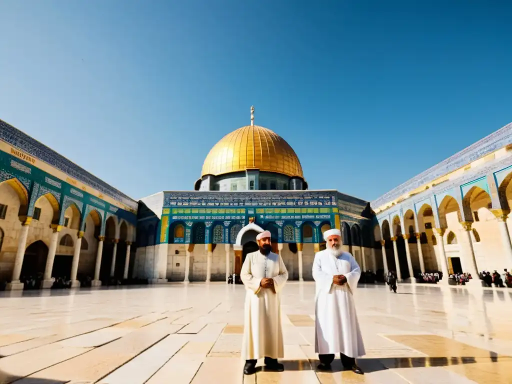 Un grupo de peregrinos musulmanes rezando en el patio de la Cúpula de la Roca en Jerusalén, creando una escena serena de devoción religiosa