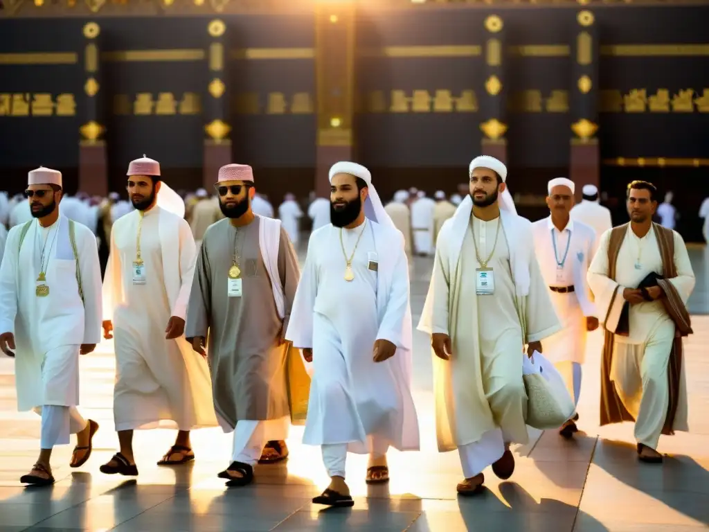 Un grupo de peregrinos musulmanes en ropa blanca ihram caminando hacia la Kaaba en la Mezquita Sagrada de La Meca al amanecer