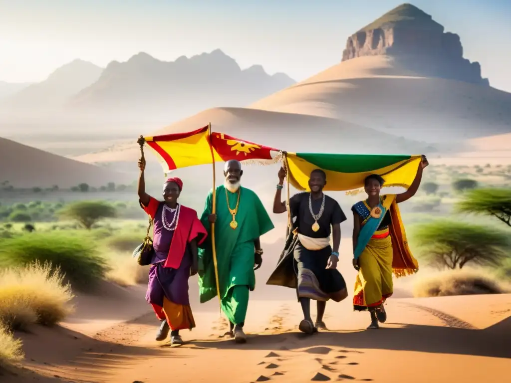 Un grupo de peregrinos diversos camina en una ruta africana, vistiendo ropas tradicionales y llevando símbolos religiosos y banderas coloridas