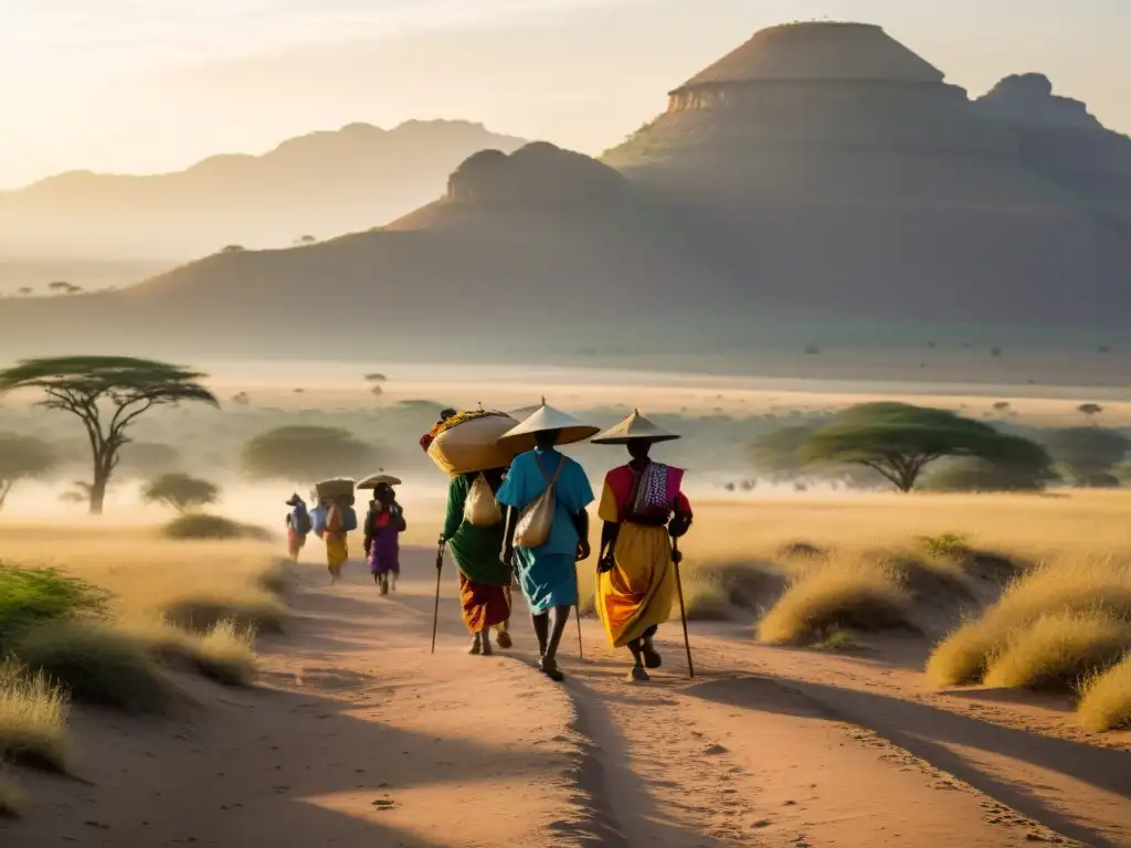 Un grupo de peregrinos camina por una ruta de peregrinación en África, bajo el cálido sol africano, hacia una lejana cordillera