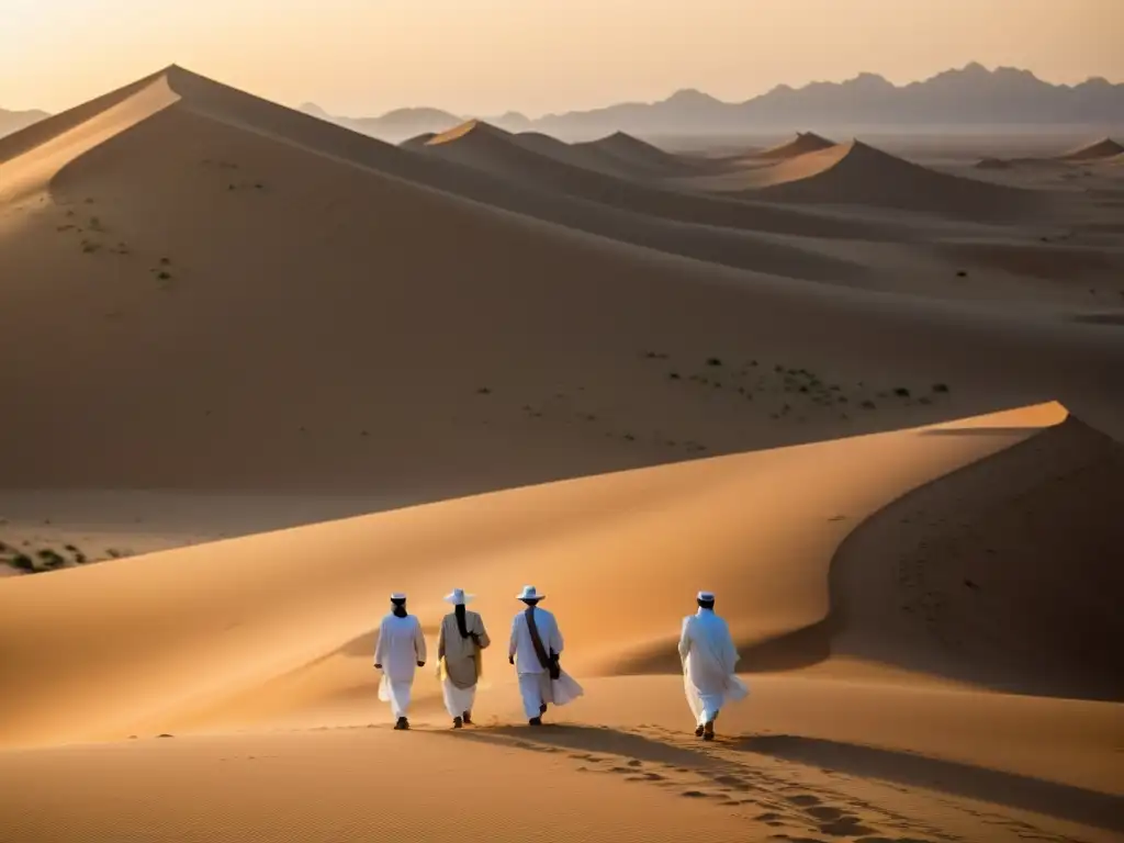 Un grupo de peregrinos vestidos con ropa blanca tradicional camina en fila por el terreno desértico al atardecer en Arabia Saudí, evocando la poderosa peregrinación en el Islam