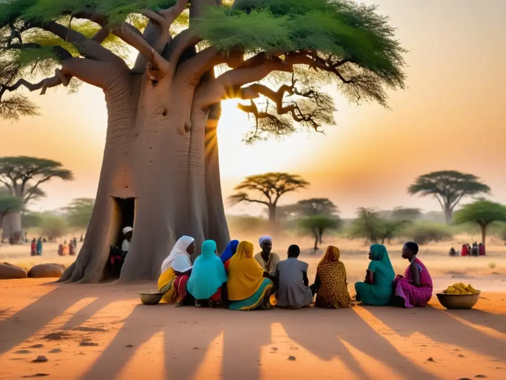 Un grupo de personas africanas se reúnen bajo un enorme árbol baobab, vistiendo coloridos trajes tradicionales