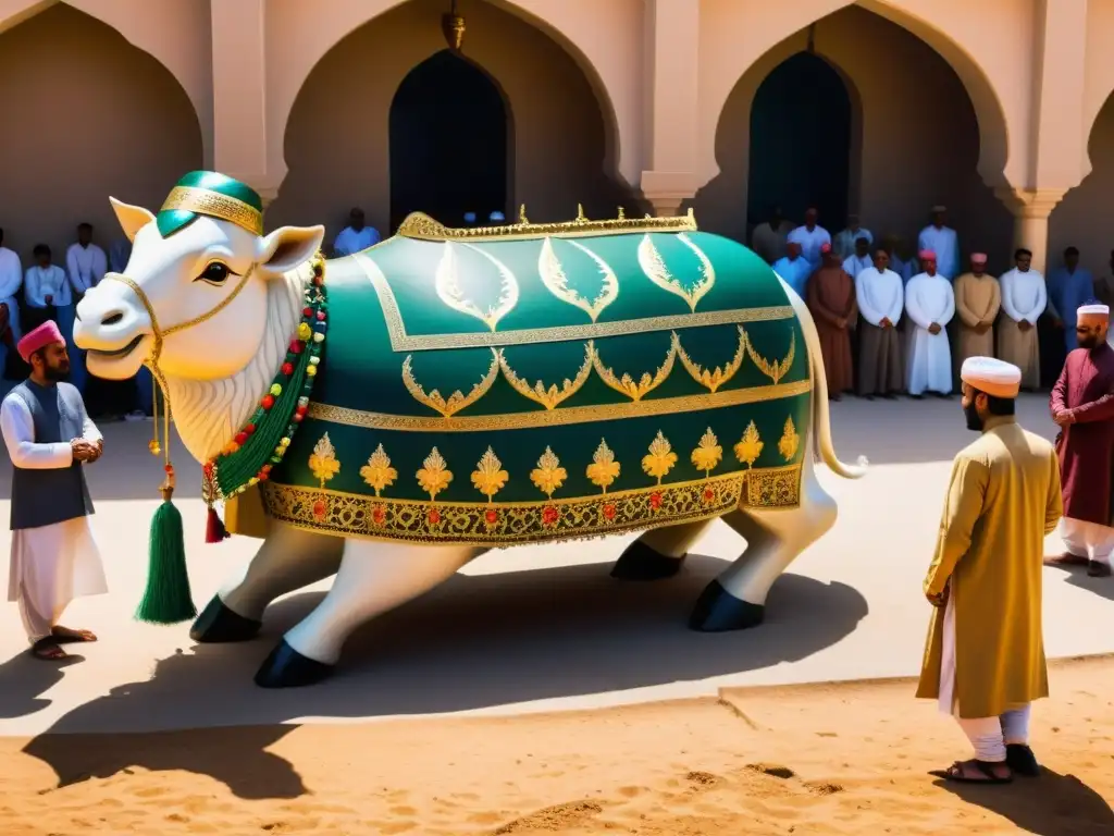 Un grupo de personas celebra Eid al-Adha en comunidad, preparando el sacrificio ritual con solemnidad y devoción