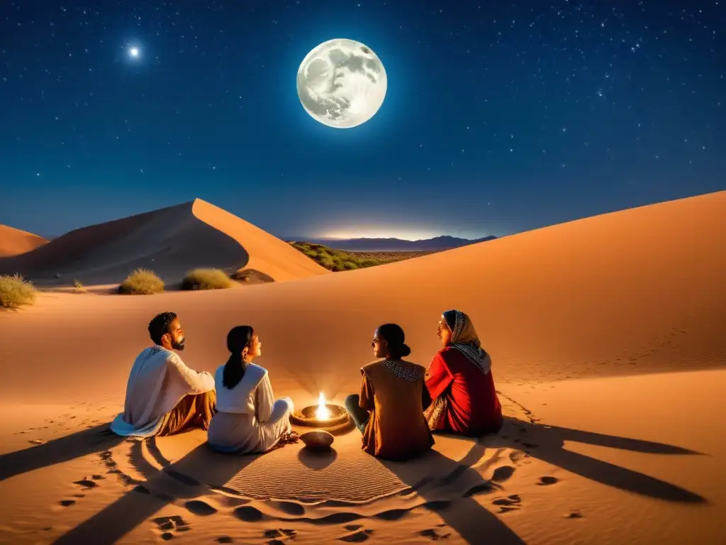 Un grupo de personas se reúnen bajo el cielo estrellado en el desierto para disfrutar de tradicionales narrativas orales en noches islámicas