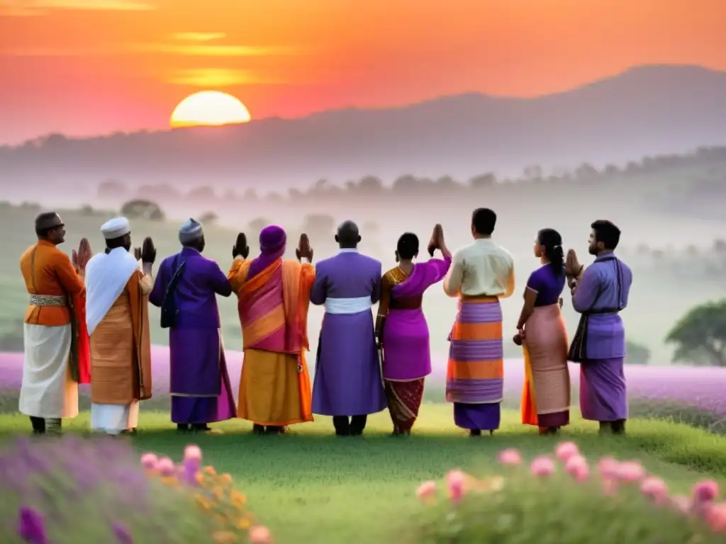 Un grupo de personas diversas en atuendos tradicionales coloridos, reunidas en un campo verde con el sol poniéndose en el fondo