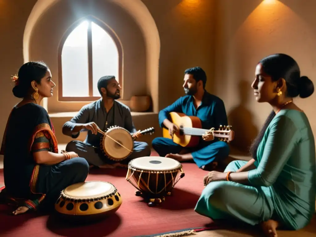 Un grupo de personas en una habitación con luz suave, rodeados de instrumentos tradicionales como el oud, tabla y pandereta