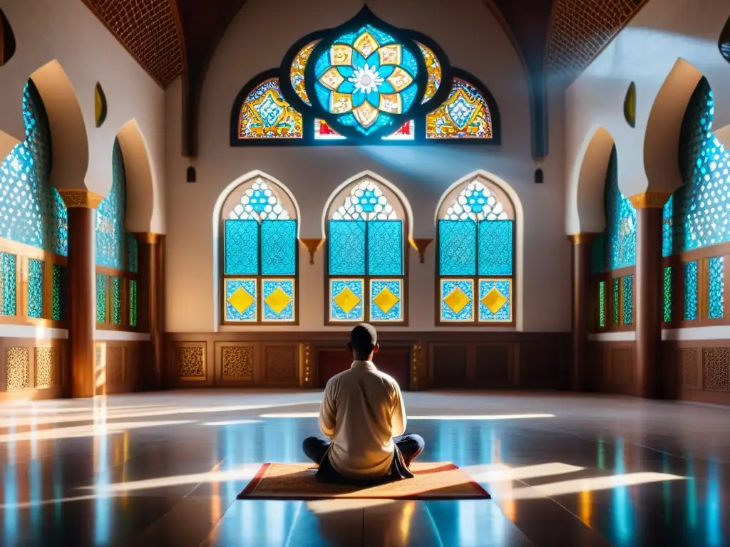 Un grupo de personas medita en el interior sereno y tranquilo de una mezquita, con música islámica para meditación