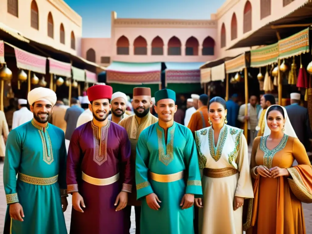 Un grupo de personas del Magreb muestra orgulloso sus vestimentas tradicionales en un bullicioso mercado, resaltando su rica herencia cultural