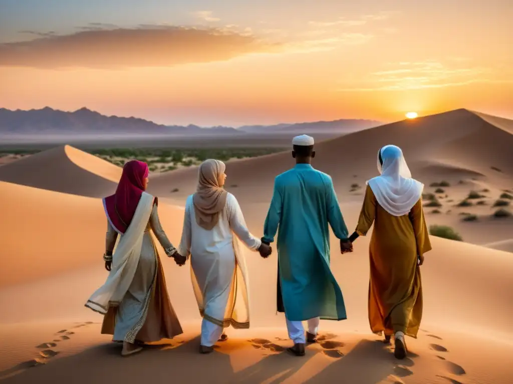 Un grupo de personas musulmanas se unen en solidaridad, mirando al cielo en el desierto al atardecer