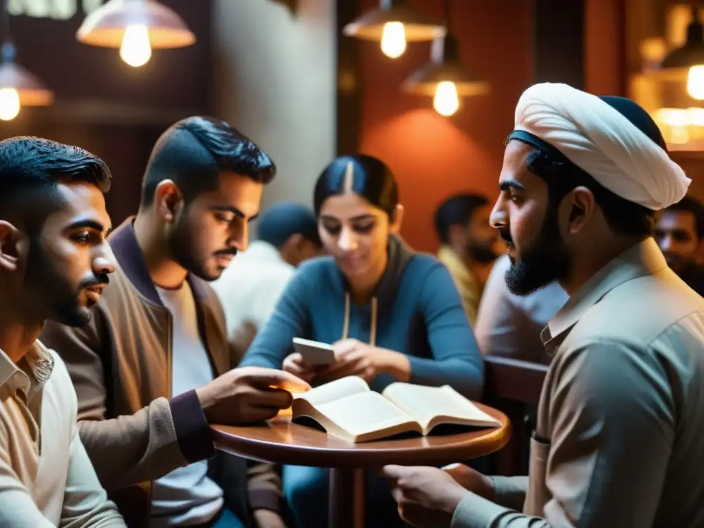 Grupo de personas leyendo poesía subversiva en un café de una ciudad del mundo islámico