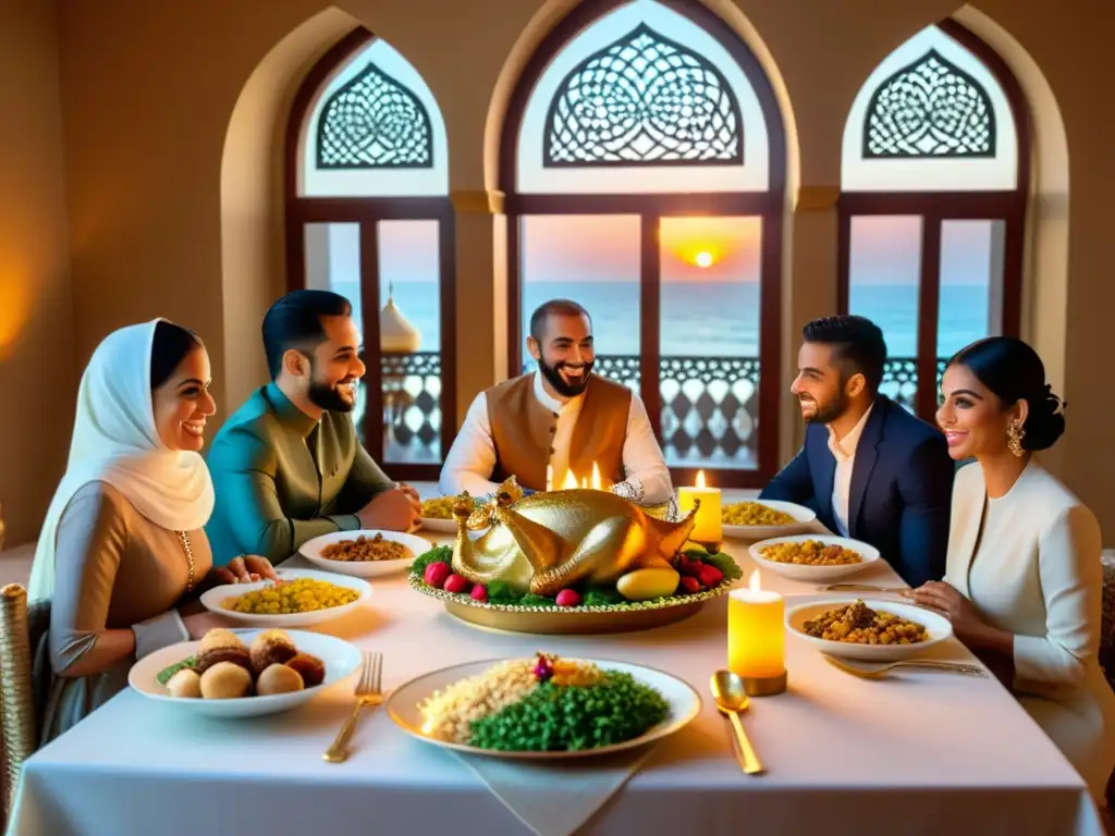 Un grupo de personas disfruta de la práctica ritual del Iftar durante Ramadan, compartiendo comida y alegría en un ambiente cálido y acogedor