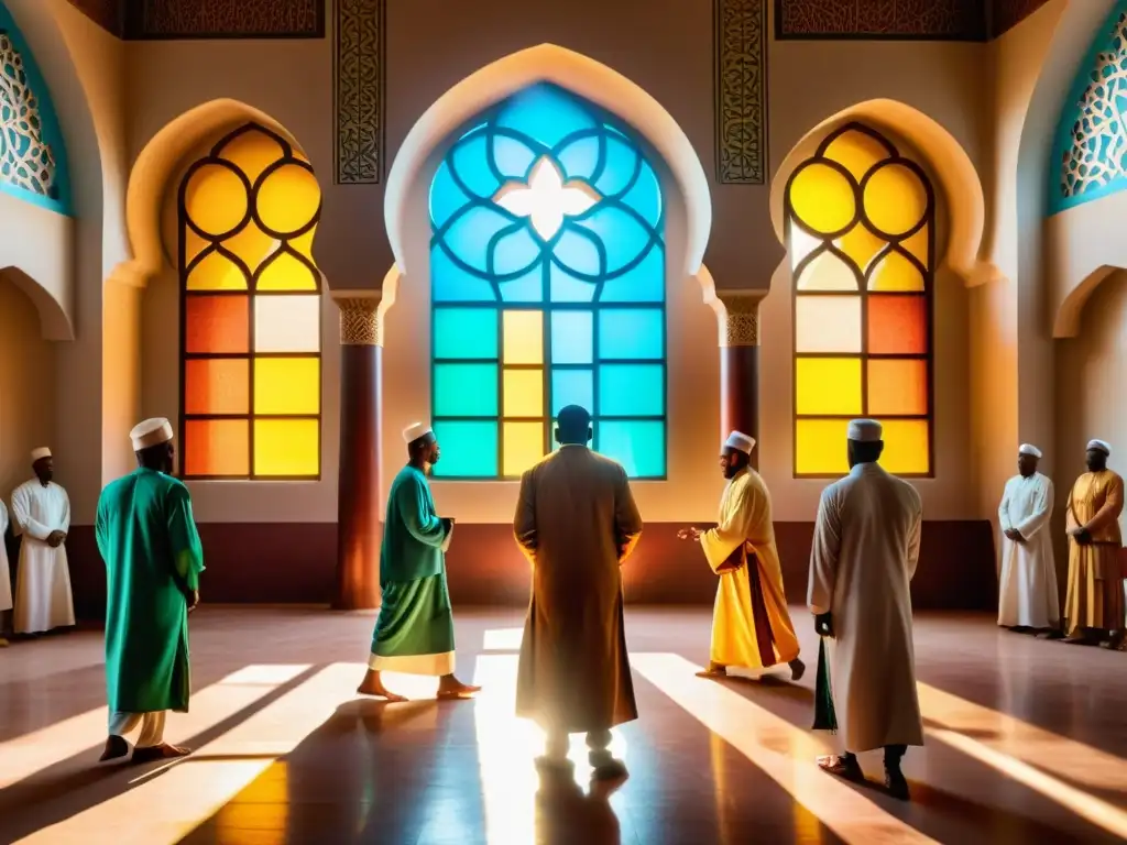 Un grupo de personas participando en un ritual islámico en una mezquita colorida y vibrante en África subsahariana