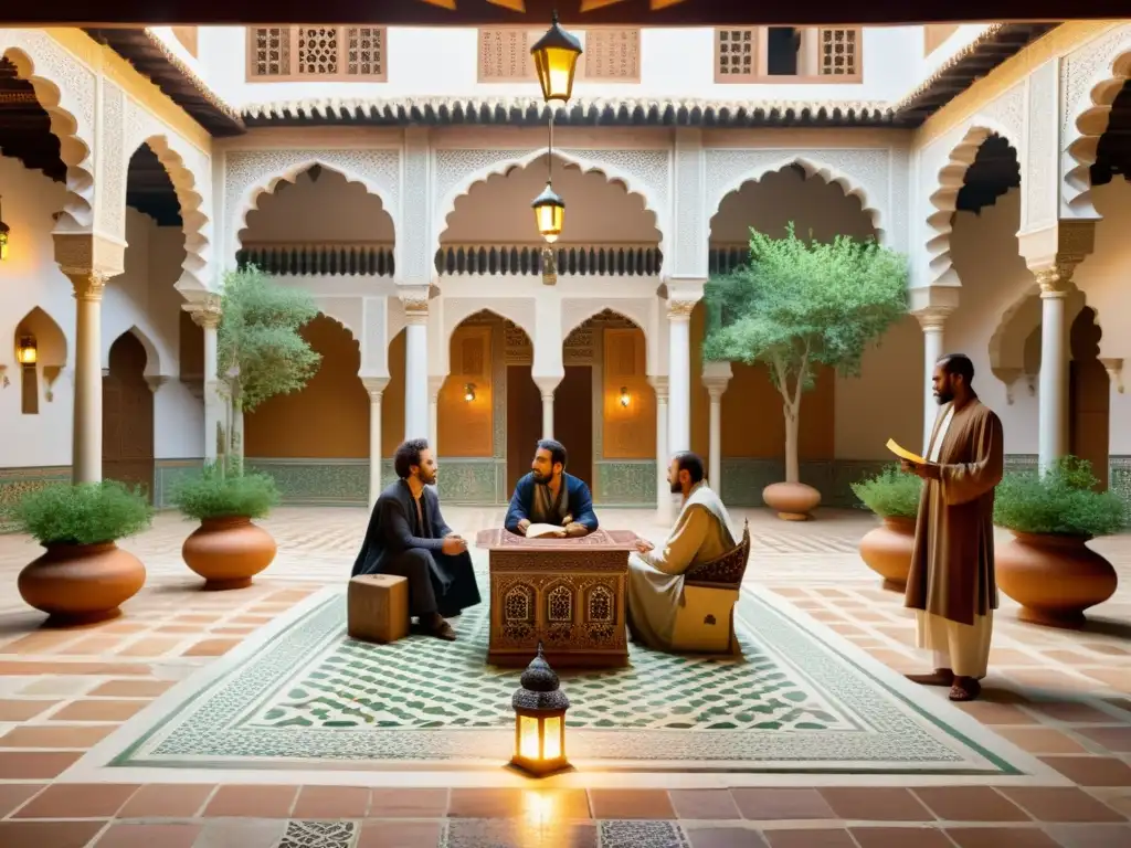 Un grupo de poetas andaluces recitando en un patio ornado con arquitectura morisca