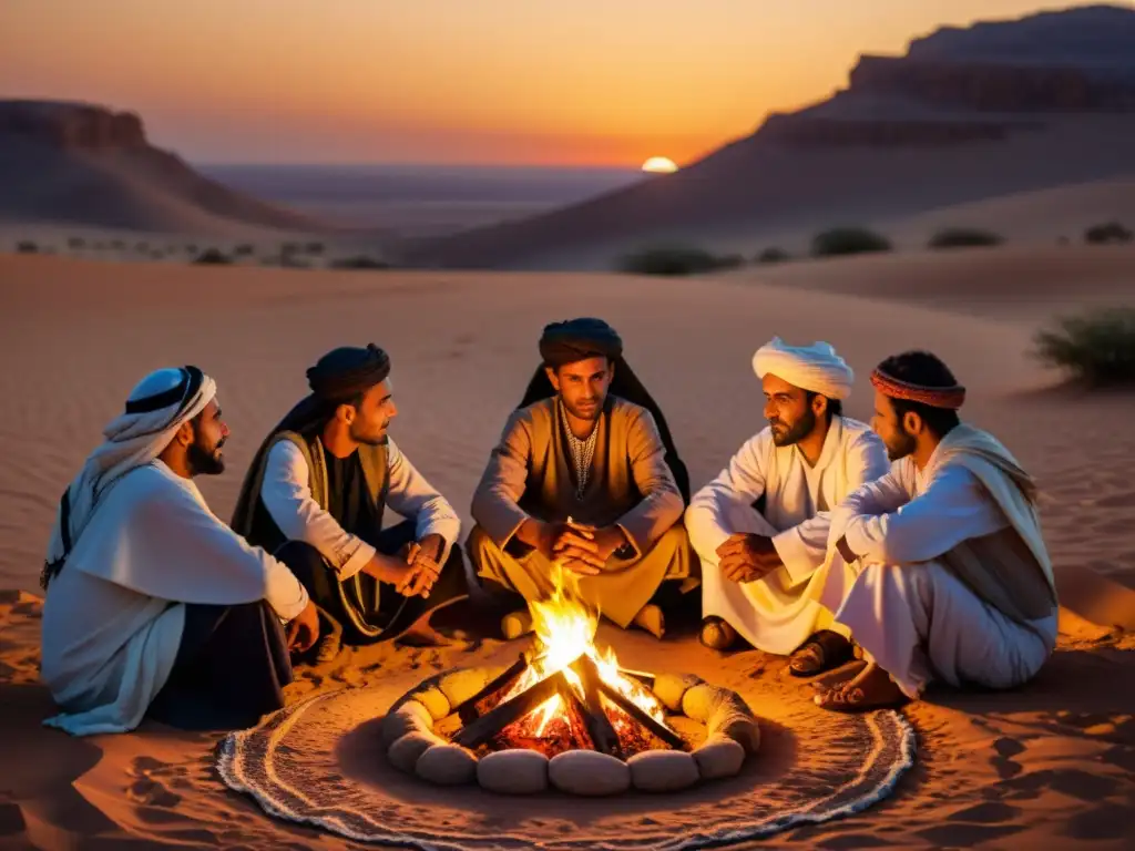 Un grupo de poetas beduinos recita versos alrededor de una fogata en el desierto, destacando la tradición beduina en la poesía