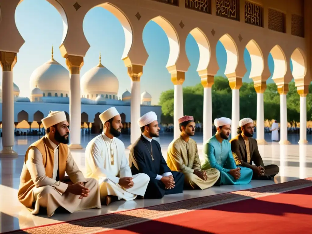 Un grupo de poetas islámicos se reúnen bajo el sol de la tarde en la sombra de una gran mezquita, reflejando la grandeza de la civilización islámica durante las cruzadas