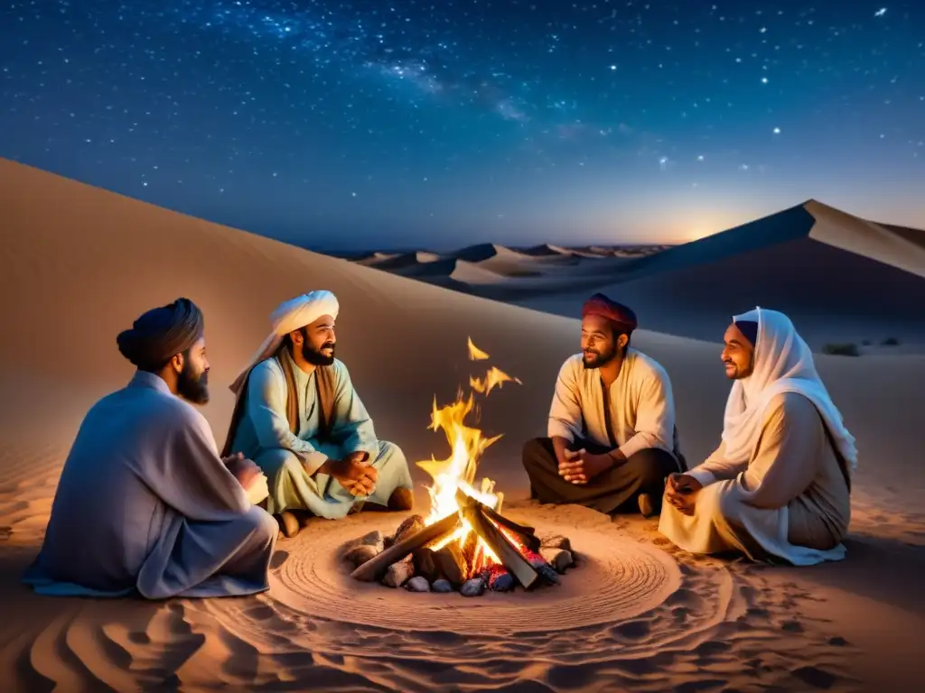 Poetas preislámicos bajo las estrellas: sabiduría ancestral Grupo de poetas preislámicos recitando versos alrededor de una fogata en el desierto, evocando la influencia de la poesía preislámica en el Islam