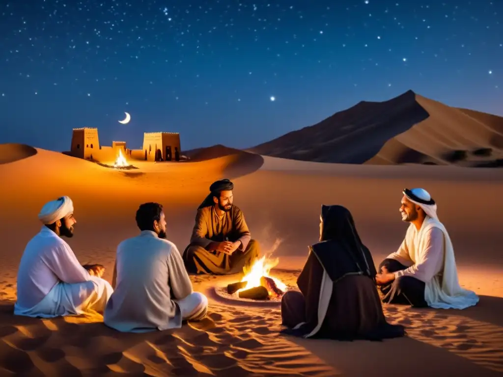 Recitando poesía preislámica bajo el cielo estrellado del desierto Un grupo de poetas recita versos bajo un cielo estrellado en el desierto, iluminados por una fogata