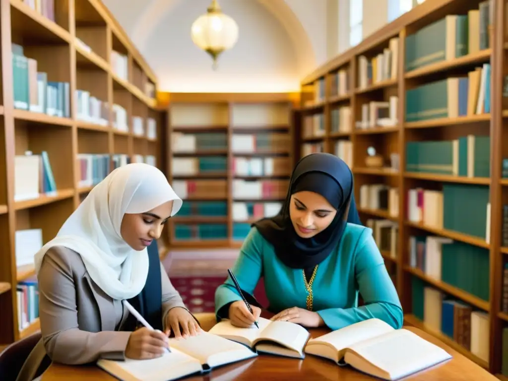 Grupo de poetisas y matemáticas del Islam en animado intercambio intelectual en biblioteca decorada y luminosa