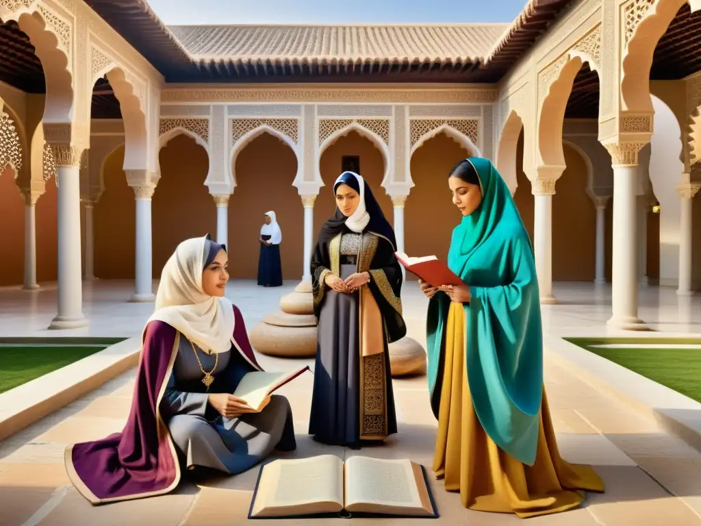 Un grupo de poetisas y matemáticas del Islam discuten animadamente en un patio bellamente decorado, rodeadas de poesía y ecuaciones matemáticas, con vestimentas vibrantes y adornos intrincados