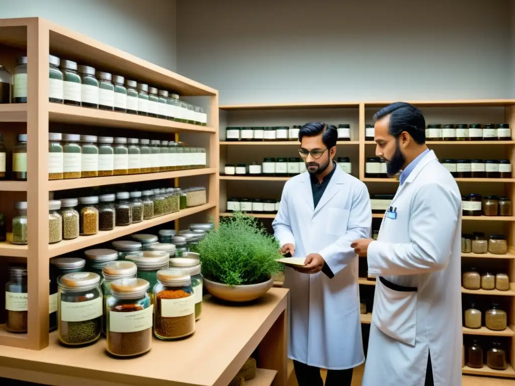 Un grupo de practicantes de medicina islámica tradicional innovadora, en un laboratorio moderno, examinando antiguos manuscritos y remedios herbales