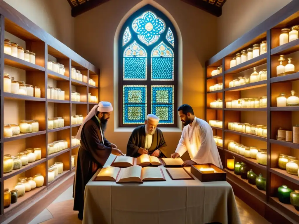 Un grupo de practicantes de medicina tradicional islámica preparando remedios herbales y discutiendo textos médicos, rodeados de antiguos manuscritos y frascos de botica