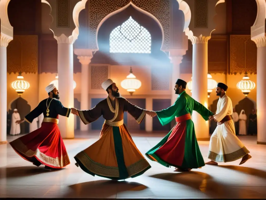 Un grupo de practicantes Sufi bailando en una mezquita decorada, creando una atmósfera espiritual