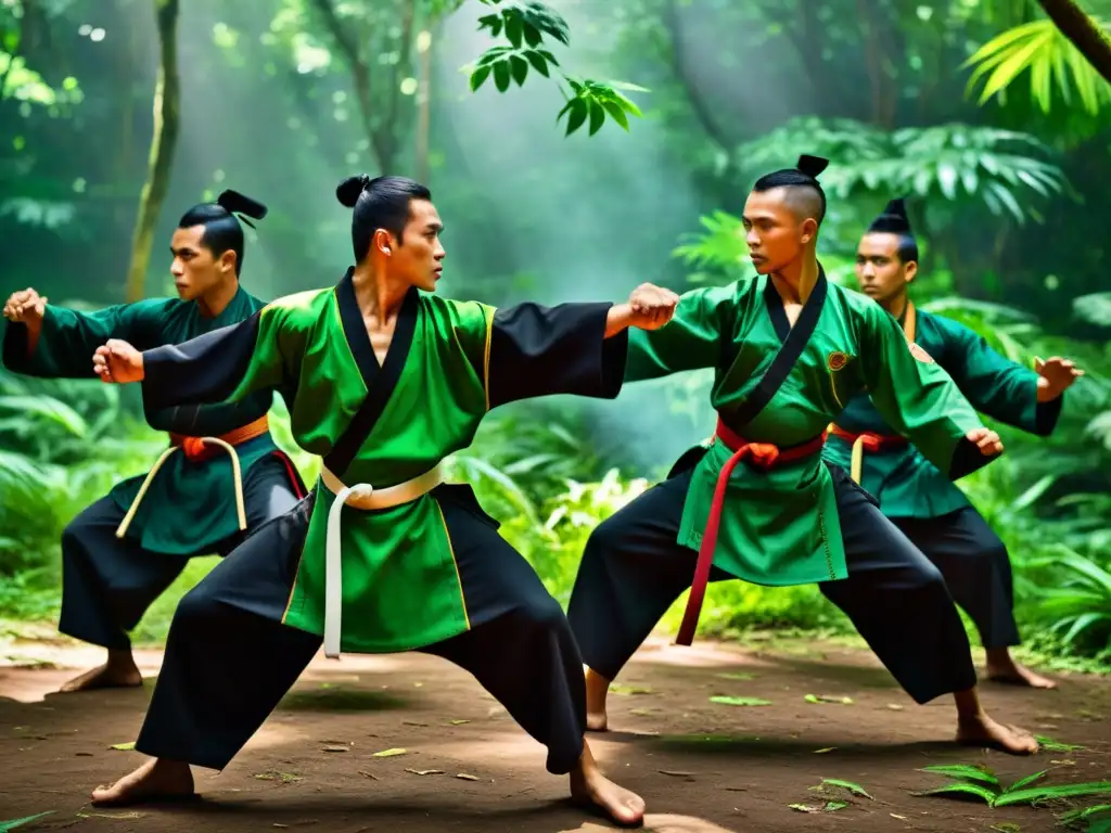 Un grupo de practicantes de Silat ejecuta movimientos en la selva, capturando el legado marcial del Islam sudeste con precisión y gracia