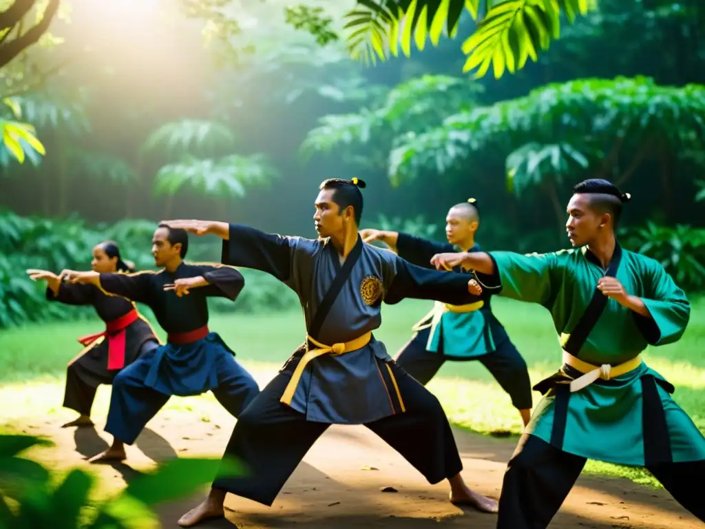 Un grupo de practicantes de Silat en trajes tradicionales realiza una exhibición dinámica en un exuberante bosque tropical al amanecer