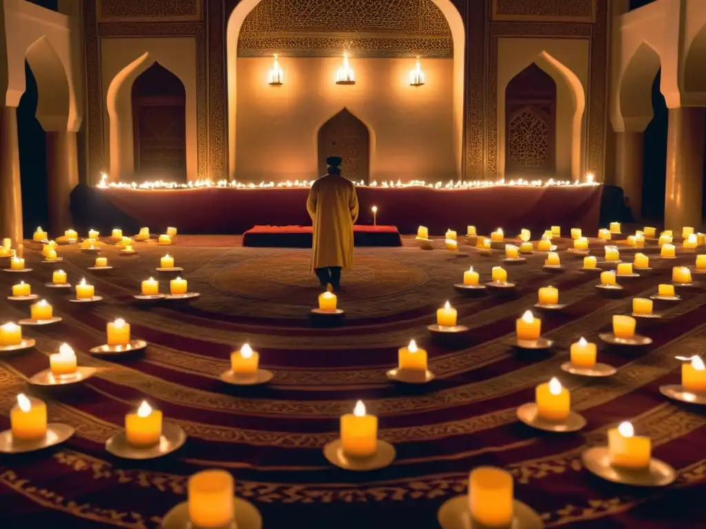 Un grupo de practicantes sufíes participando en una ceremonia de dhikr en una mezquita bellamente decorada, iluminada por velas titilantes