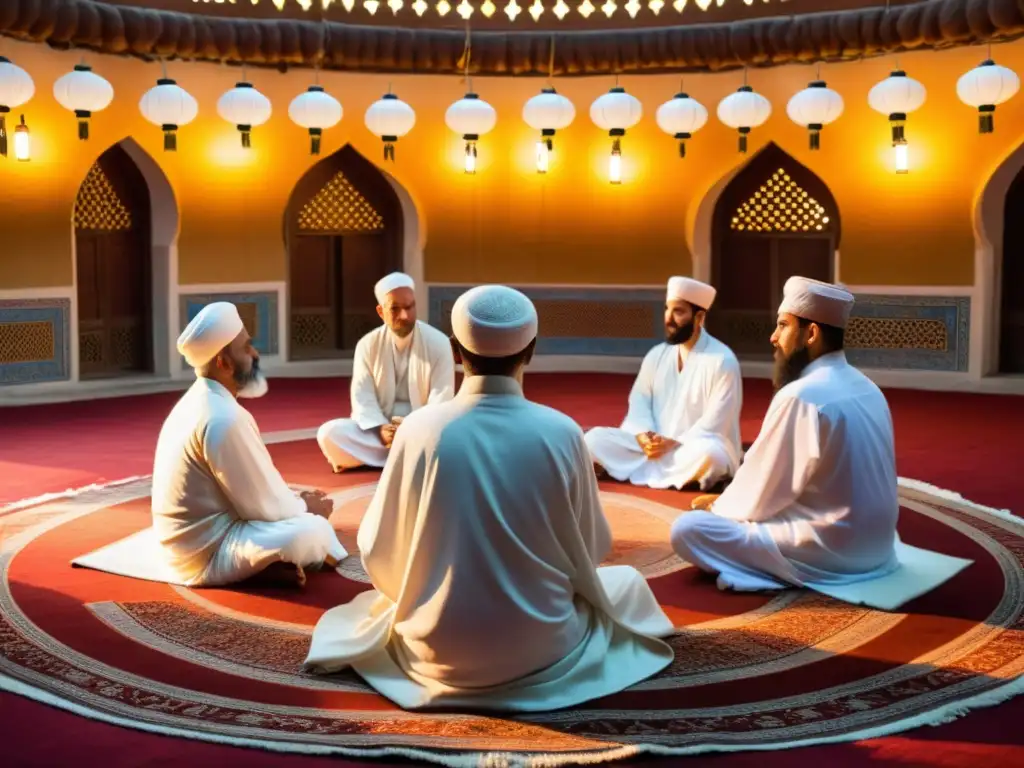 Un grupo de practicantes sufíes en meditación dentro de una mezquita bellamente decorada, iluminada por cálidas lámparas