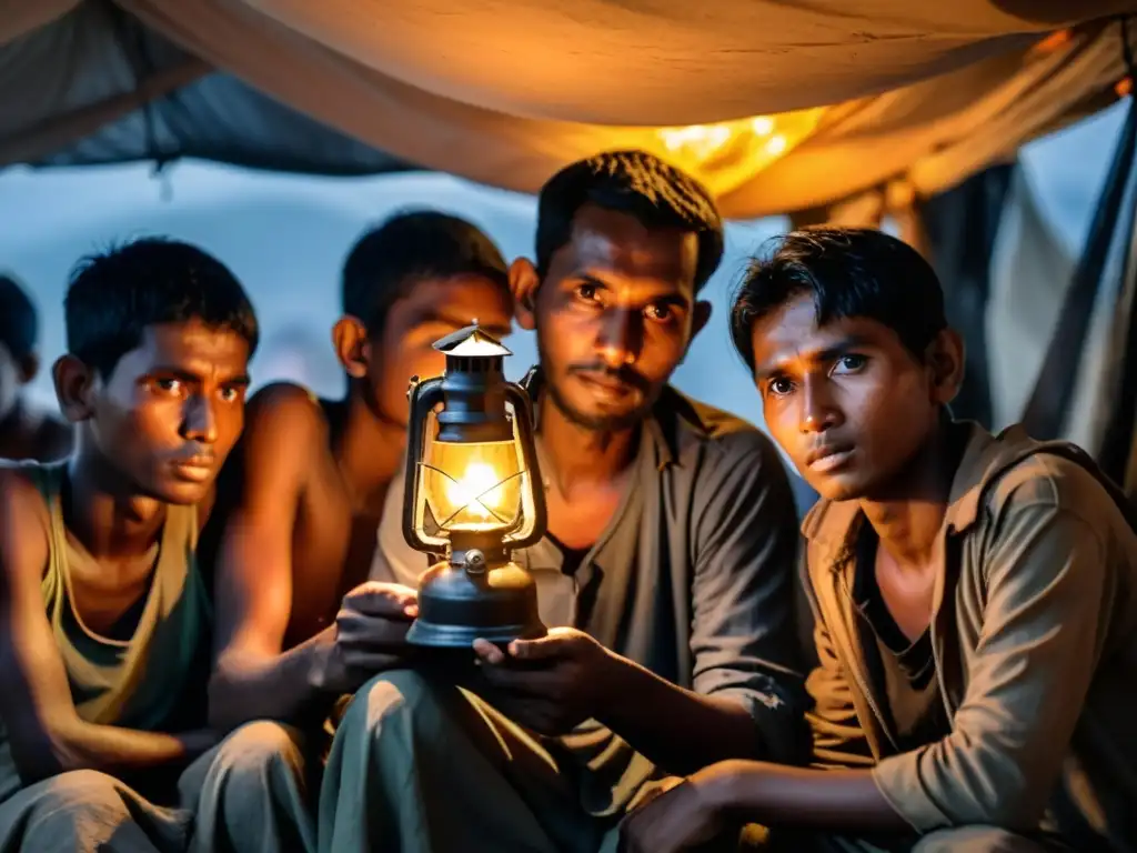 Refugiados Rohingya: Historia de lucha y supervivencia Grupo de refugiados Rohingya se reúnen en precario refugio iluminados por una linterna, reflejando la tragedia y lucha por supervivencia en Myanmar