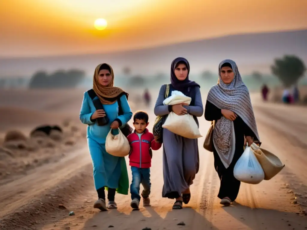 Un grupo de refugiados sirios, mujeres y niños, caminan por un camino polvoriento con sus pertenencias en la mano